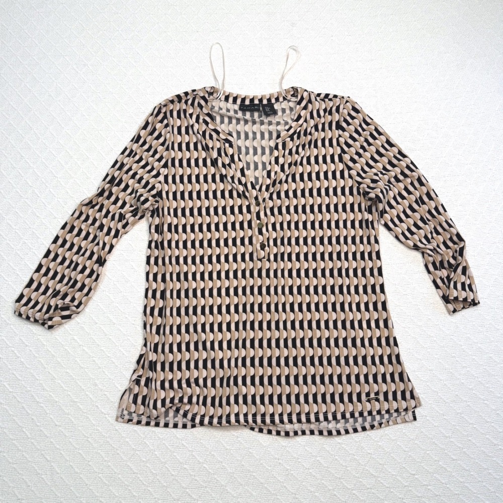 Tahari Women Geometric Print Split Neck 3/4 Sleeve Blouse Tan Black Size M